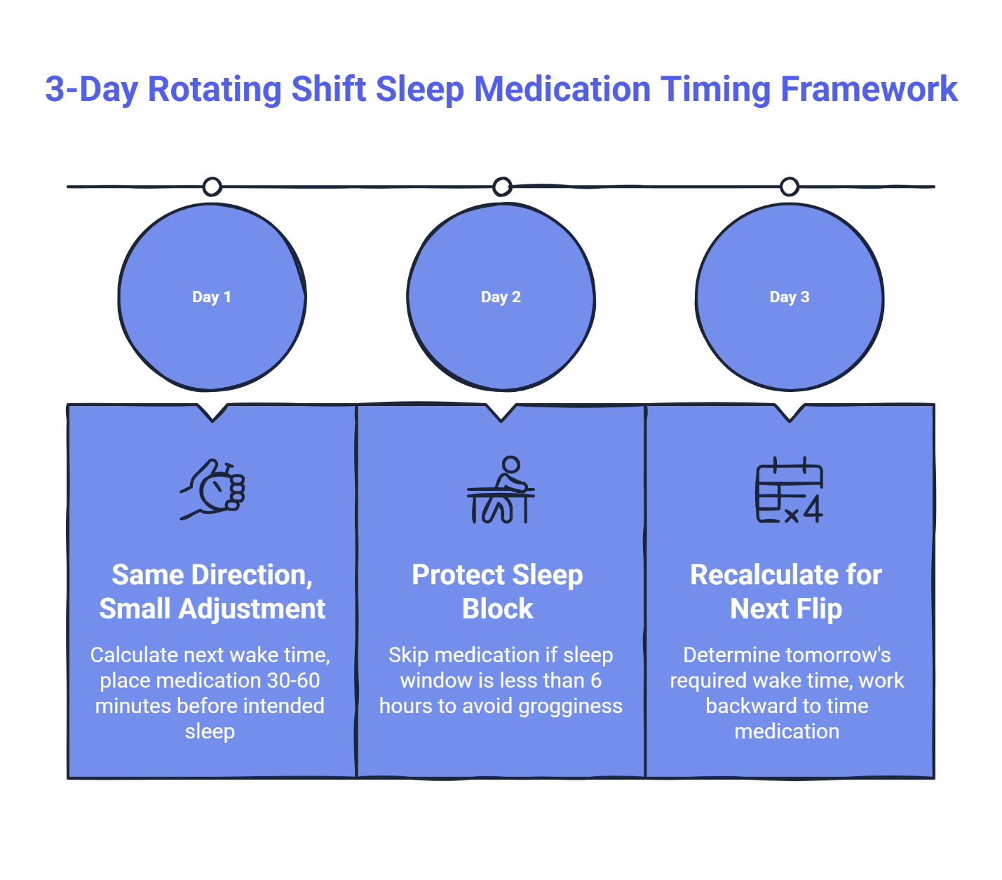 3-day rotating shift sleep medication timing framework showing Day 1 small adjustment, Day 2 protect sleep block, and Day 3 recalculate for next shift flip