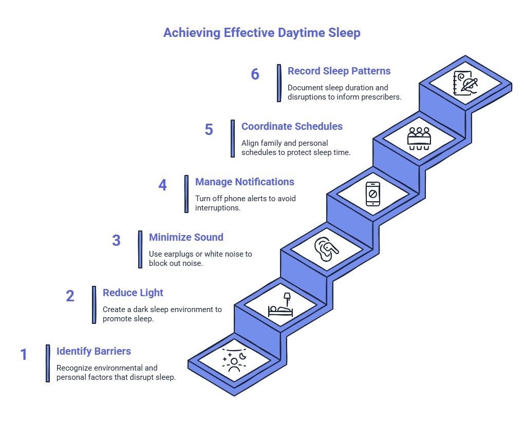 Infographic showing six steps for effective daytime sleep: identify barriers, reduce light and sound, manage notifications, coordinate schedules, and track sleep patterns.