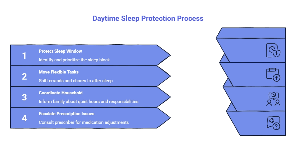 Infographic showing a daytime sleep protection process: protect the sleep window, move flexible tasks, coordinate household responsibilities, and consult a prescriber if needed.